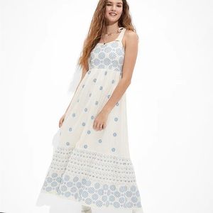 American Eagle Tie Strap Blue Embroidered Midi Dress M